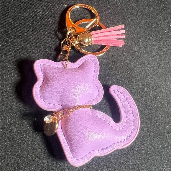 Accessories - Lavender & pink vegan leather Cat Keychain & Gold Accents & Dangling Rhinestone
